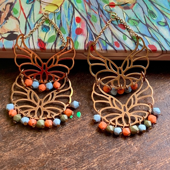 Big Boho Colorful Beaded Dangle Openwork Earrings - 3-1/2" long Boho Earrings - Picture 2 of 6